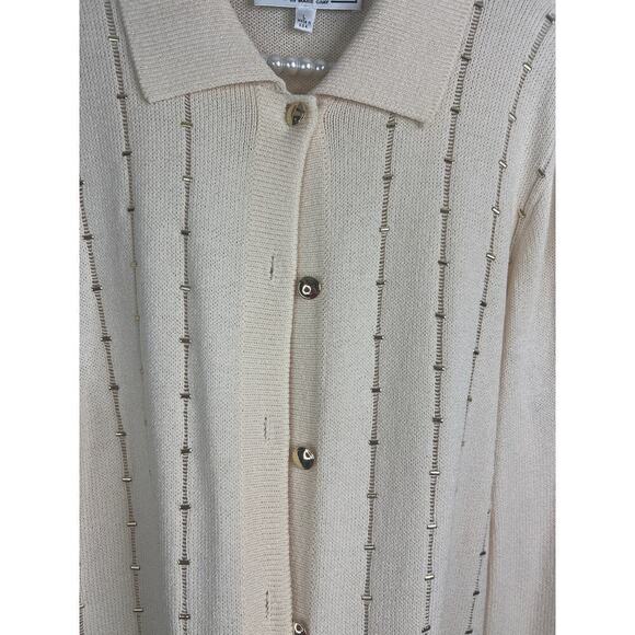 St John Sport Cream Knit Collared Button Down Cardigan with Gold Detailing SZ L - Picture 4 of 8